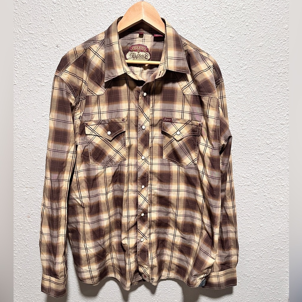 Rafter C Brown and cream plaid button-up shirt with pearl snap Size XL